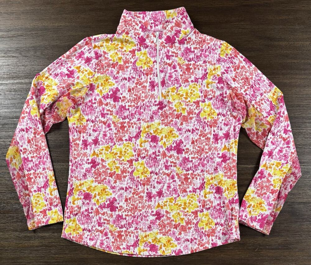 IBKUL Zip Long Sleeve Shirt Women’s Medium White Pink Splash Golf UPF 50+ NEW